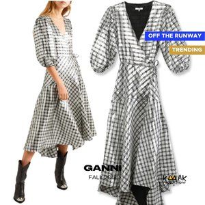 GANNI 'Lagarde' Silver Plaid Lamé Wrap Dress